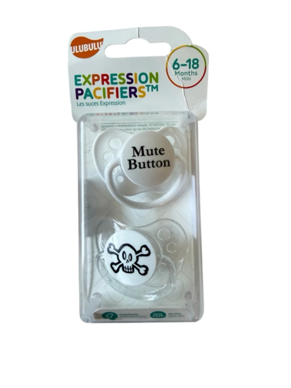 NWT Ulubulu Expressions 2pk Pacifiers 6-18 Months - Skull & Mute Button